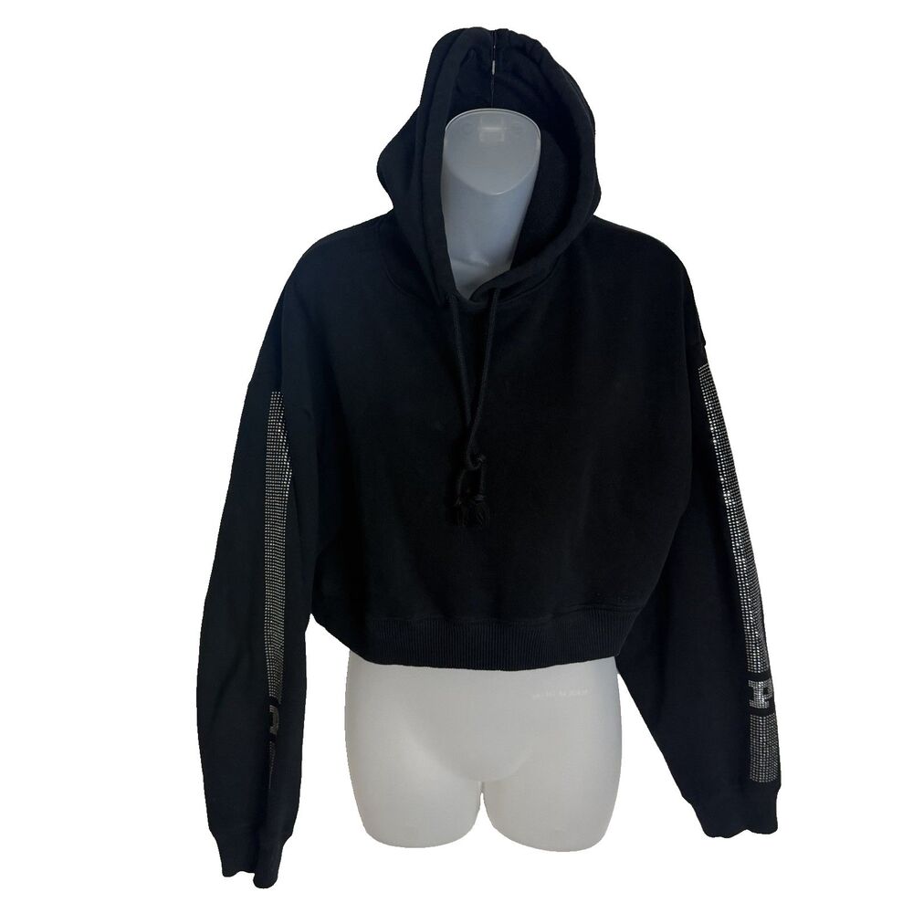 PINK Victoria's Secret Rhinestone Bling Crop Hoodie Oversized Women Medium Black